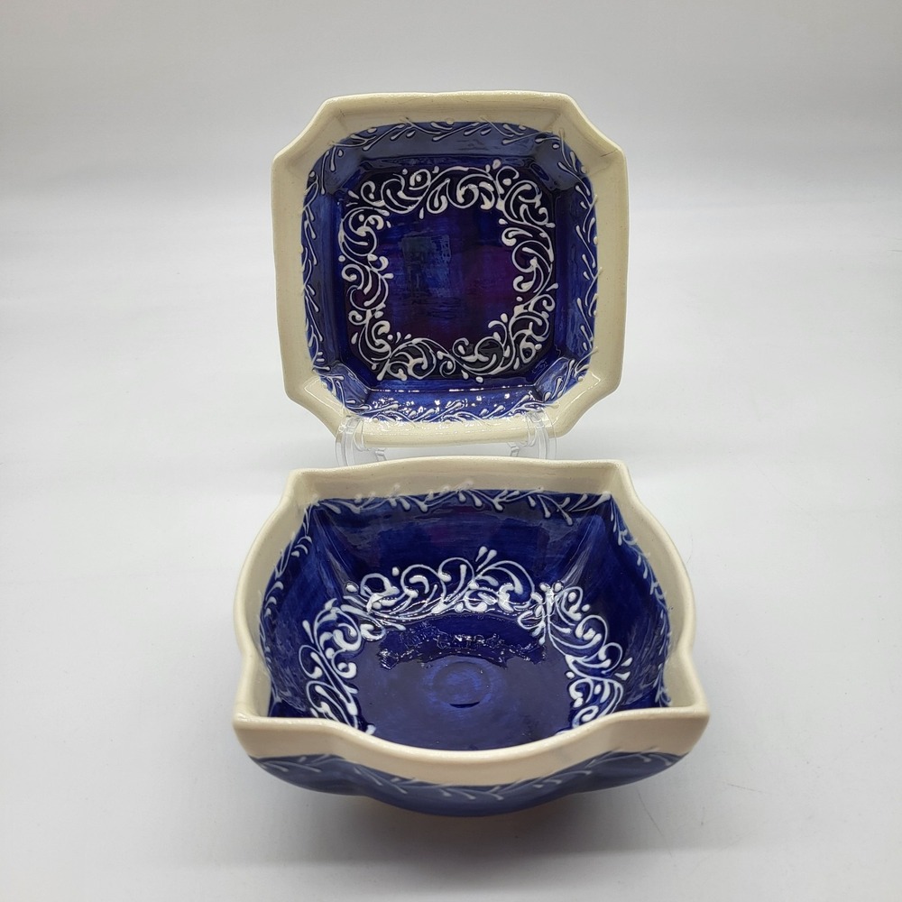 Talavera Square Bowl & Plate Scalloped Edges Colbat Blue Hand Painted 2pc Set